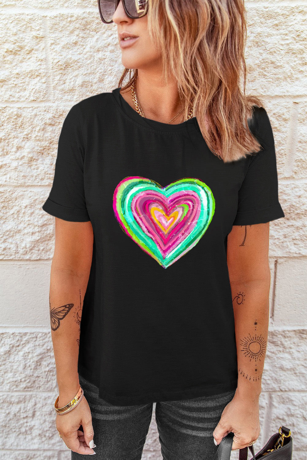 Heart Round Neck Short Sleeve T-Shirt