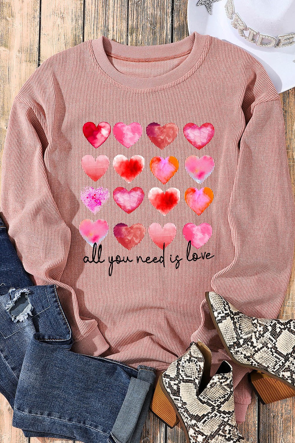 ALL YOU NEED IS LOVE Heart Round Neck Sweatshirt